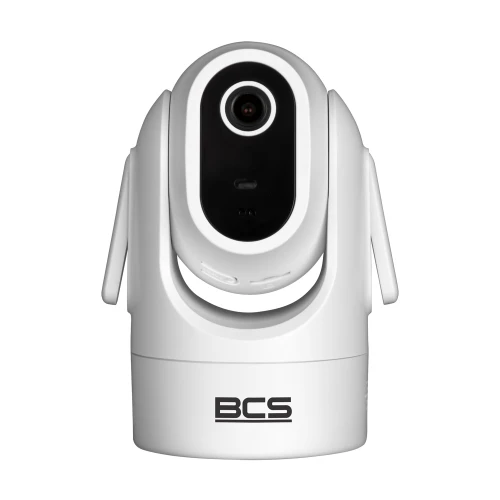 Biała, obrotowa kamera wewnętrzna marki BCS z widocznym obiektywem na środku. Kamera ma nowoczesny design i jest przeznaczona do monitoringu wnętrz.