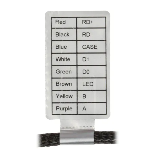 Zdjęcie przedstawia tabelę z opisem kolorów przewodów i ich oznaczeń, takich jak "Red" z oznaczeniem "RD+" i "Black" z oznaczeniem "RD-". Tabela jest umieszczona na białym tle, a poniżej widoczne są czarne przewody.