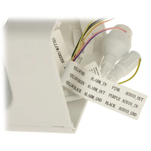 Zdjęcie przedstawia zestaw kabli z etykietami opisującymi ich funkcje, takimi jak "AUDIO OUT" i "ALARM IN". Kable są umieszczone na białym tle, a etykiety są czarno-białe.