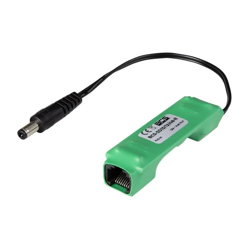 Zielona przetwornica obniżająco-stabilizująca z czarnym kablem i wtykiem DC. Na obudowie widoczne są oznaczenia techniczne i logo producenta.