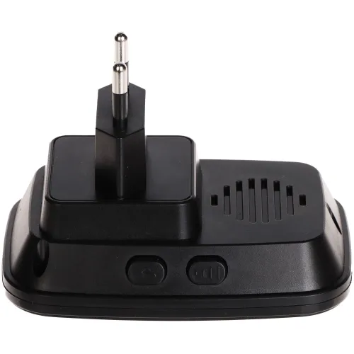 Czarny adapter z wtyczką elektryczną i dwoma przyciskami na przedniej części obudowy. Na górze znajduje się kratka wentylacyjna.