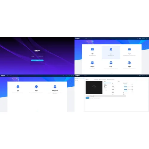 Zrzut ekranu przedstawia interfejs użytkownika systemu Dahua z różnymi opcjami menu, takimi jak "Kamera", "System" i "Nagrywanie". Na ekranie widoczne są także szczegóły dotyczące ustawień kamery oraz opcje konfiguracji systemu.