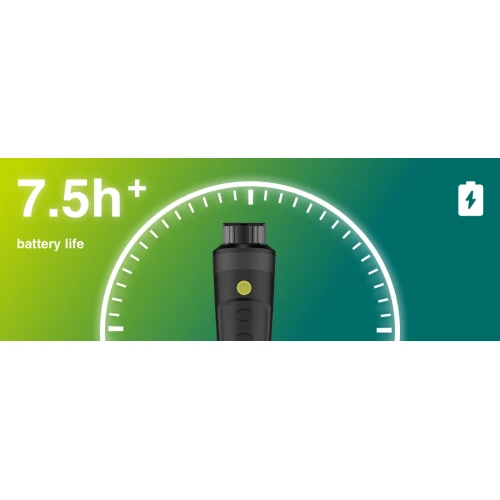 Grafika przedstawia czarny, ręczny termowizor na tle gradientu od zielonego do niebieskiego, z ikoną baterii i napisem "7.5h+ battery life". W centrum znajduje się widok z góry na urządzenie z widocznymi przyciskami i pokrętłem.