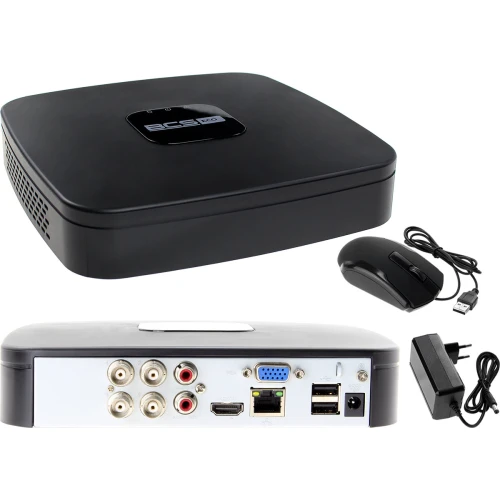 Na zdjęciu znajduje się zestaw do monitoringu marki BCS, w skład którego wchodzi rejestrator BCS-XVR0401E oraz cztery kamery BCS-DMQE3200IR3-B, a także dysk 1TB i akcesoria. Profesjonalny monitoring 1080P zapewnia wysoką jakość obrazu i niezawodność.