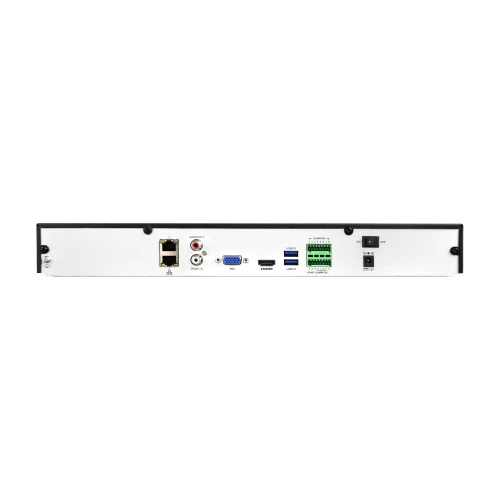 Zdjęcie przedstawia tylny panel rejestratora IP z różnymi portami i złączami, w tym portami USB, VGA, HDMI, Ethernet oraz złączami audio. Panel jest biały z czarnymi krawędziami, a złącza są oznaczone kolorowymi etykietami.
