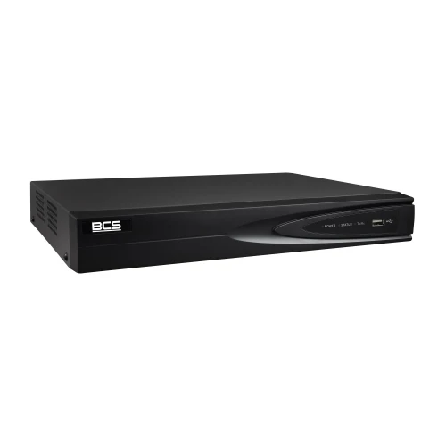 Czarny rejestrator IP BCS V-NVR0401 z logo BCS na przednim panelu. Urządzenie ma prostokątny kształt i minimalistyczny design z kilkoma przyciskami i portami z przodu.
