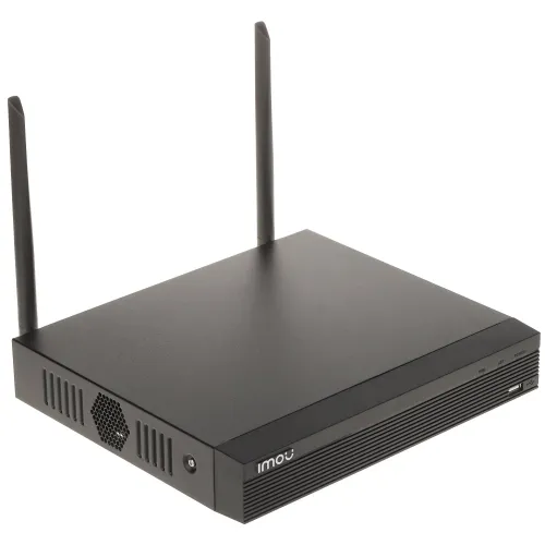 Czarny rejestrator IP Imou NVR1108HS-W-S2 z dwoma antenami Wi-Fi. Urządzenie ma prostokątny kształt z wentylacją po bokach i logo Imou z przodu.