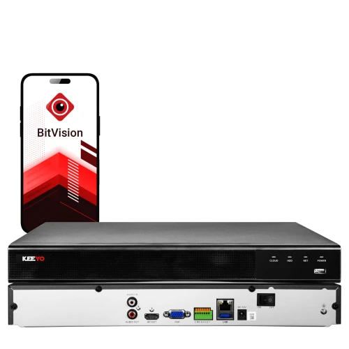 Na zdjęciu znajduje się rejestrator sieciowy Keeyo z widocznymi portami z tyłu urządzenia oraz smartfon z aplikacją BitVision na ekranie. Rejestrator ma czarną obudowę, a na telefonie widnieje czerwono-białe logo aplikacji.