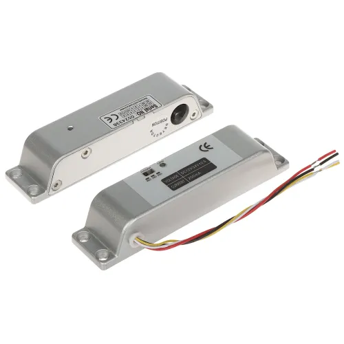 Zdjęcie przedstawia rygiel elektromagnetyczny ATLO-EB-L06 w kolorze srebrnym, z widocznymi oznaczeniami CE i przewodami elektrycznymi. Urządzenie ma prostokątny kształt z otworami montażowymi na rogach.