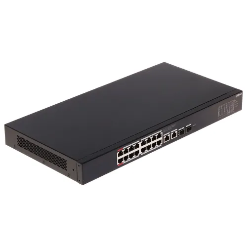 Czarny switch sieciowy z 16 portami Ethernet i dodatkowymi portami SFP na przednim panelu. Urządzenie ma prostokątny kształt i jest przeznaczone do montażu w szafie rackowej.