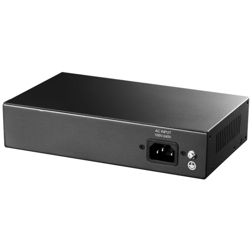 Czarny switch sieciowy z metalową obudową, widoczny od tyłu z gniazdem zasilania AC 100V-240V. Urządzenie ma prostokątny kształt i minimalistyczny design.