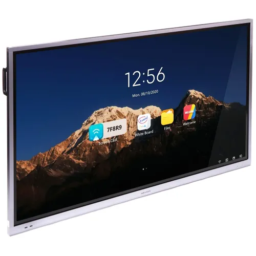 Interaktywna tablica Hikvision DS-D5B65RBA o przekątnej 65 cali z wyświetlaczem 4K UHD, prezentująca aplikacje na tle górskiego krajobrazu. Na ekranie widoczne są ikony aplikacji takich jak Screen Cast, White Board, Files i Welcome.