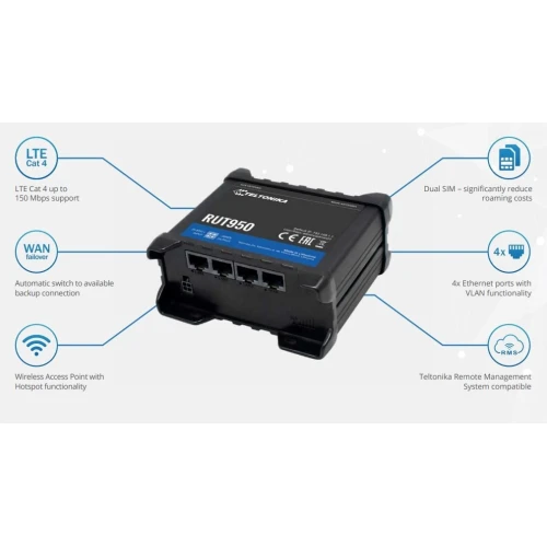 Teltonika RUT950 | 4G LTE Router | Global versjon, Cat.4, WiFi, Dual Sim, 1x WAN, 3X LAN, RUT950 V022C0