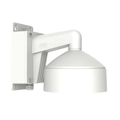 Uchwyt kamery Hikvision DS-1273ZJ-DM30-B w kolorze białym, montowany na ścianie. Konstrukcja uchwytu jest solidna, z prostokątną podstawą i zaokrąglonym ramieniem.