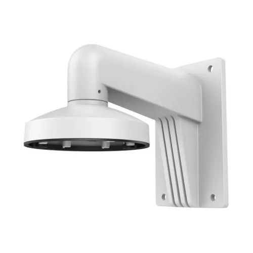 Biały uchwyt kamery montowany na ścianie, z zaokrąglonym ramieniem i płaską podstawą. Uchwyt ma nowoczesny design z prostymi liniami i gładką powierzchnią.