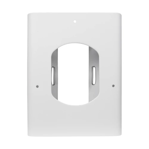 Metalowy uchwyt słupowy do kamer w kolorze białym, z otworem centralnym i dwoma bocznymi. Posiada trzy otwory montażowe na powierzchni.