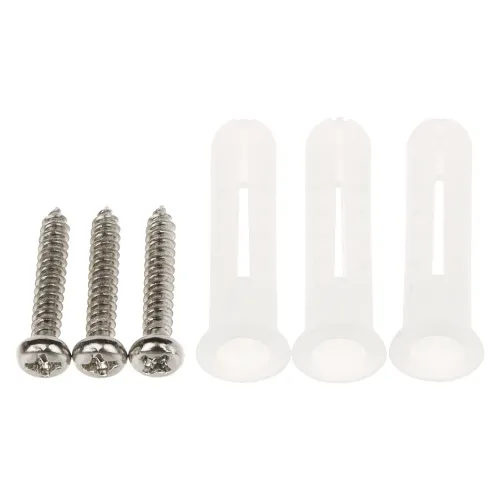 Na zdjęciu znajdują się trzy metalowe wkręty z łbami krzyżowymi oraz trzy białe plastikowe kołki rozporowe. Elementy te są ułożone na białym tle.