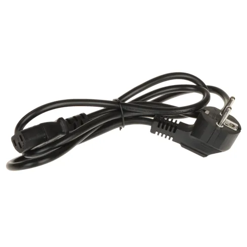 Czarny kabel zasilający z wtyczką europejską i gniazdem IEC C13. Kabel jest zwinięty i spięty plastikową opaską.