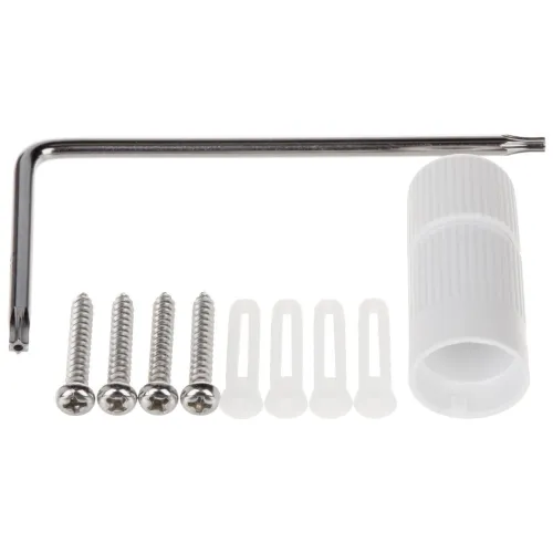 Zestaw montażowy składający się z klucza imbusowego, czterech śrub, czterech kołków rozporowych i białej tulei. Elementy są ułożone na białym tle.