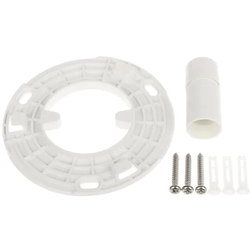 Zestaw montażowy składający się z białego, okrągłego uchwytu, plastikowej tulei oraz trzech wkrętów z kołkami rozporowymi. Elementy są ułożone na jasnym tle, co podkreśla ich szczegóły i kolor.