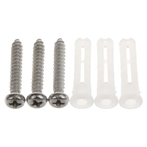 Na zdjęciu znajdują się cztery metalowe wkręty z krzyżakowym nacięciem na łbie oraz cztery białe plastikowe kołki rozporowe. Elementy te są ułożone w dwóch równych rzędach na białym tle.