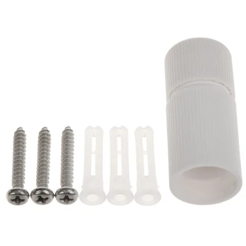 Na zdjęciu znajduje się biały, cylindryczny uchwyt z tworzywa sztucznego oraz trzy metalowe wkręty i trzy plastikowe kołki rozporowe. Elementy te są ułożone na jasnym tle, co podkreśla ich detale i kształty.