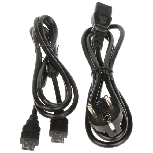 Na zdjęciu znajdują się dwa czarne kable: jeden z wtyczkami HDMI na obu końcach, a drugi z wtyczką zasilającą i gniazdem. Kable są zwinięte i ułożone obok siebie na jasnym tle.