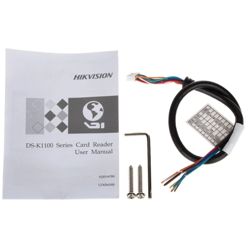 Zestaw zawiera instrukcję obsługi czytnika kart Hikvision DS-K1100 Series, kabel z kolorowymi przewodami, klucz imbusowy oraz dwie śruby montażowe. Produkt przeznaczony jest do instalacji i konfiguracji systemu czytnika kart.