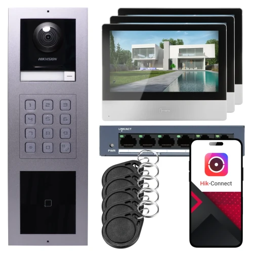 IP-videoporttelefon Hikvision 3x monitor DS-KH8350-WTE1, innfelt, panel, tastatur, leser