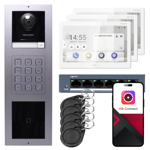 IP-videoporttelefon Hikvision 3x monitor DS-KH9510-WTE1(B), overflatemontert, panel, tastatur, leser