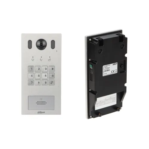 Na zdjęciu widoczny jest wideodomofon marki Dahua, przedstawiony z przodu i z tyłu. Przód urządzenia zawiera kamerę, klawiaturę numeryczną oraz głośnik, natomiast tył pokazuje złącza i etykietę informacyjną.