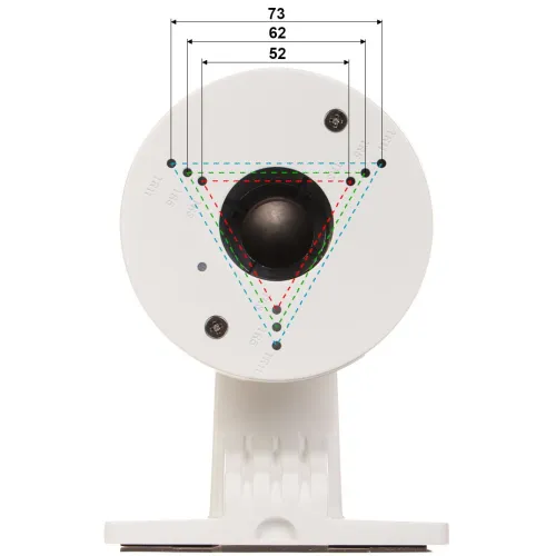 Widok od strony mocowania kamery pokazuje okrągłą podstawę z trzema śrubami i centralnym obiektywem. Na powierzchni zaznaczone są kolorowe linie i wymiary, wskazujące odległości między punktami mocowania.