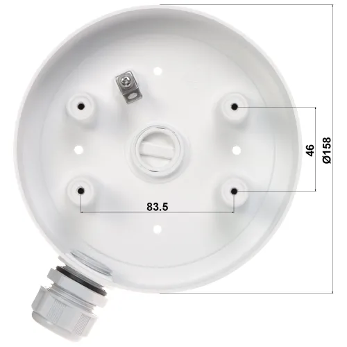 Zdjęcie przedstawia okrągłą, białą podstawę montażową do kamery z czterema otworami na śruby i jednym centralnym otworem. Na podstawie widoczne są wymiary: średnica 158 mm i odległość między otworami 83,5 mm.