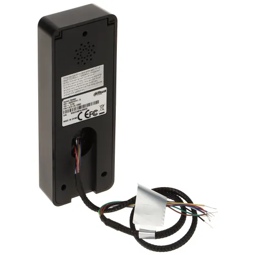 Czarny, prostokątny panel z widocznym okablowaniem i etykietą producenta na tylnej stronie. Przewody wychodzą z dolnej części urządzenia, zakończone są kolorowymi końcówkami.