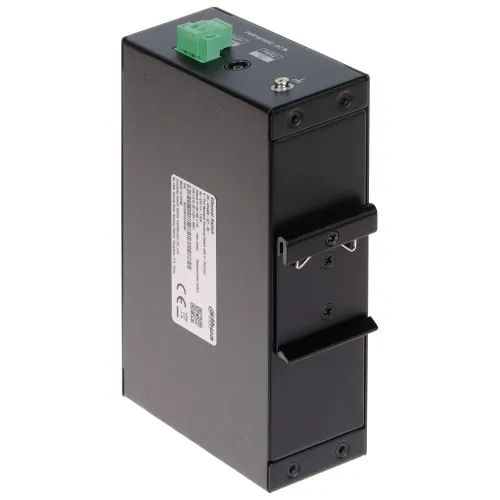 Czarny, prostokątny moduł elektroniczny z metalowym uchwytem montażowym i zielonym złączem na górze. Na boku znajduje się etykieta z informacjami technicznymi i certyfikatami.
