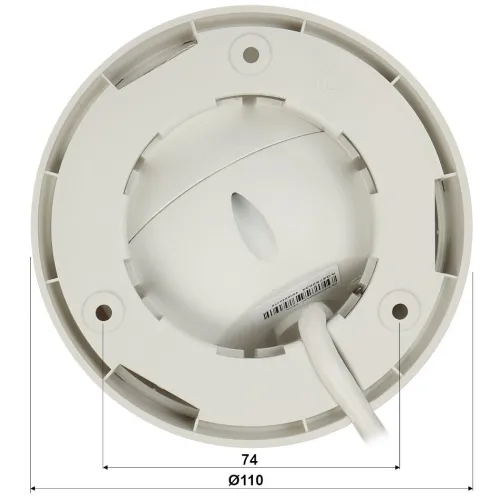 Zdjęcie przedstawia widok od spodu okrągłej kamery monitoringu z białą obudową, z widocznym kablem wychodzącym z urządzenia. Na zdjęciu zaznaczone są wymiary: średnica 110 mm i odległość między otworami montażowymi 74 mm.