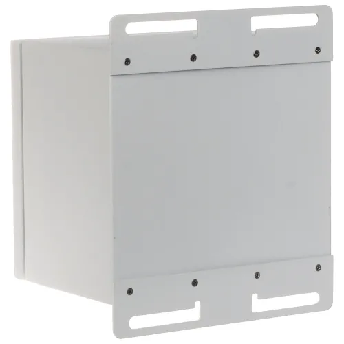 Kwadratowa, biała obudowa z metalu z widocznymi otworami montażowymi na górze i dole. Obudowa jest prosta i minimalistyczna, przeznaczona do montażu na ścianie.