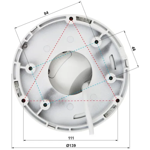 Zdjęcie przedstawia widok od spodu okrągłej kamery monitoringu z zaznaczonymi wymiarami montażowymi. Widać pięć otworów montażowych oraz kabel wychodzący z obudowy.