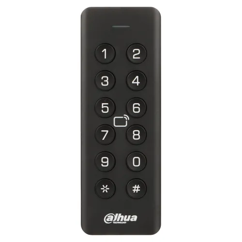 Na zdjęciu znajduje się czarny panel z przyciskami numerycznymi od 0 do 9 oraz dodatkowymi przyciskami z symbolami gwiazdki i kratki. Panel posiada logo "Dahua Technology" na dole.