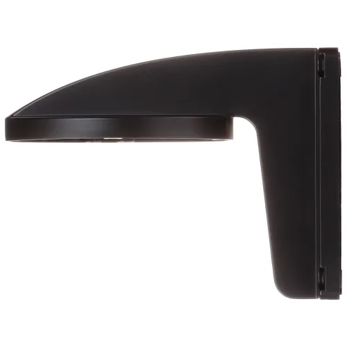 Czarny uchwyt ścienny do kamery, widziany z boku, z prostym i nowoczesnym designem. Uchwyt ma zaokrągloną górną część i prostokątną podstawę montażową.