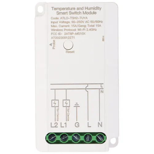 Moduł inteligentnego przełącznika do pomiaru temperatury i wilgotności z białą obudową, posiadający złącza śrubowe na dole. Na obudowie znajdują się oznaczenia techniczne oraz przycisk reset.