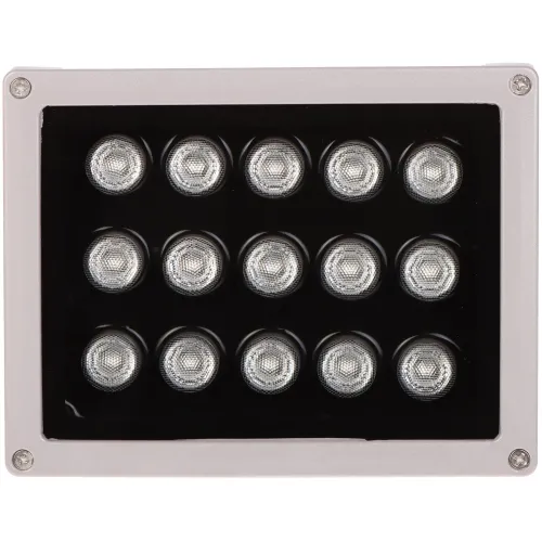 Zdjęcie przedstawia prostokątną lampę LED z piętnastoma okrągłymi diodami umieszczonymi w trzech rzędach. Obudowa lampy jest srebrna, a diody są osadzone na czarnym tle.