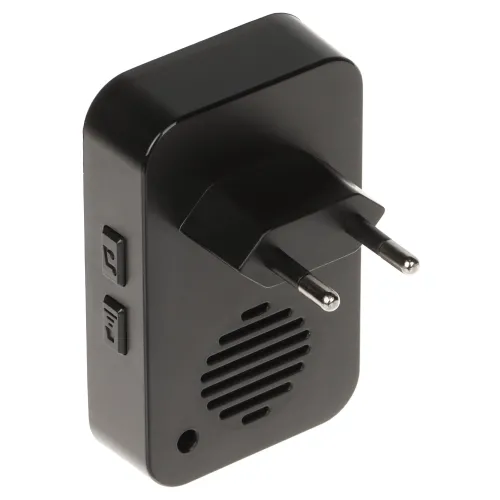 Czarny adapter elektryczny z wtyczką europejską, widoczny z tyłu, z dwoma przyciskami po lewej stronie. Na środku znajduje się kratka wentylacyjna, a poniżej mały otwór.