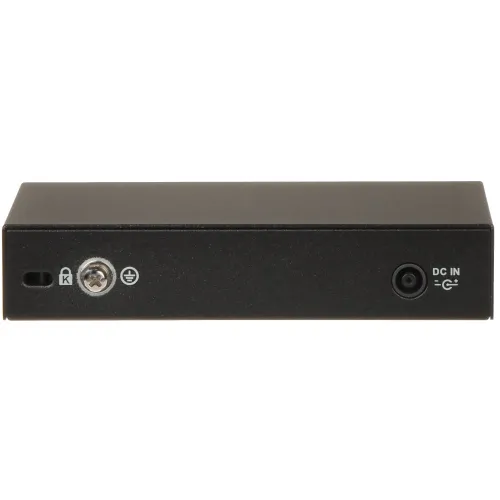 Czarny, prostokątny panel z tyłu urządzenia elektronicznego z widocznymi portami: złącze zasilania DC IN, złącze uziemienia oraz otwór na śrubę zabezpieczającą. Panel ma gładką powierzchnię i minimalistyczny design.