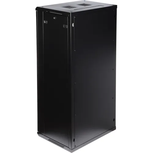 Czarna, metalowa szafa serwerowa widziana z tyłu, z solidną konstrukcją i wentylacją na górze. Szafa ma prosty, elegancki design z gładkimi panelami bocznymi.