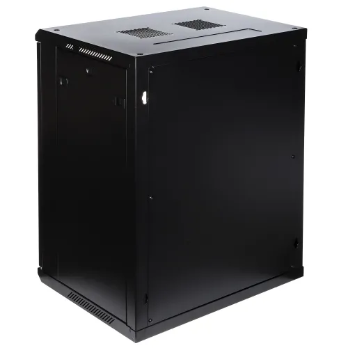 Czarna, metalowa szafka serwerowa z widokiem z tyłu, posiada otwory wentylacyjne na górze. Konstrukcja jest prosta i solidna, z gładkimi panelami bocznymi.