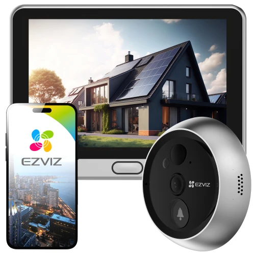 Zdjęcie przedstawia elektroniczny wizjer do drzwi marki Ezviz, składający się z okrągłej kamery oraz ekranu wyświetlającego obraz z kamery. Obok znajduje się smartfon z aplikacją Ezviz, pokazujący możliwość zdalnego monitorowania.