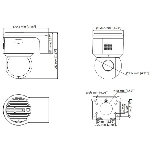 Schemat przedstawia wymiary kamery, ukazując widok z boku, z przodu i z góry. Na rysunku zaznaczone są szczegółowe pomiary w milimetrach i calach.