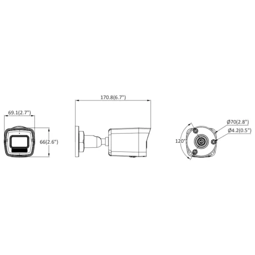 Schemat przedstawia wymiary montażowe kamery, ukazując jej widok z przodu, z boku oraz od spodu. Wymiary podane są w milimetrach i calach, a rysunki zawierają szczegóły dotyczące rozstawu otworów montażowych.