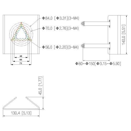 Schemat przedstawia wymiary montażowe uchwytu, z widokiem z boku i z góry. Zawiera szczegółowe oznaczenia wymiarów w milimetrach oraz calach, a także rozmieszczenie otworów montażowych.